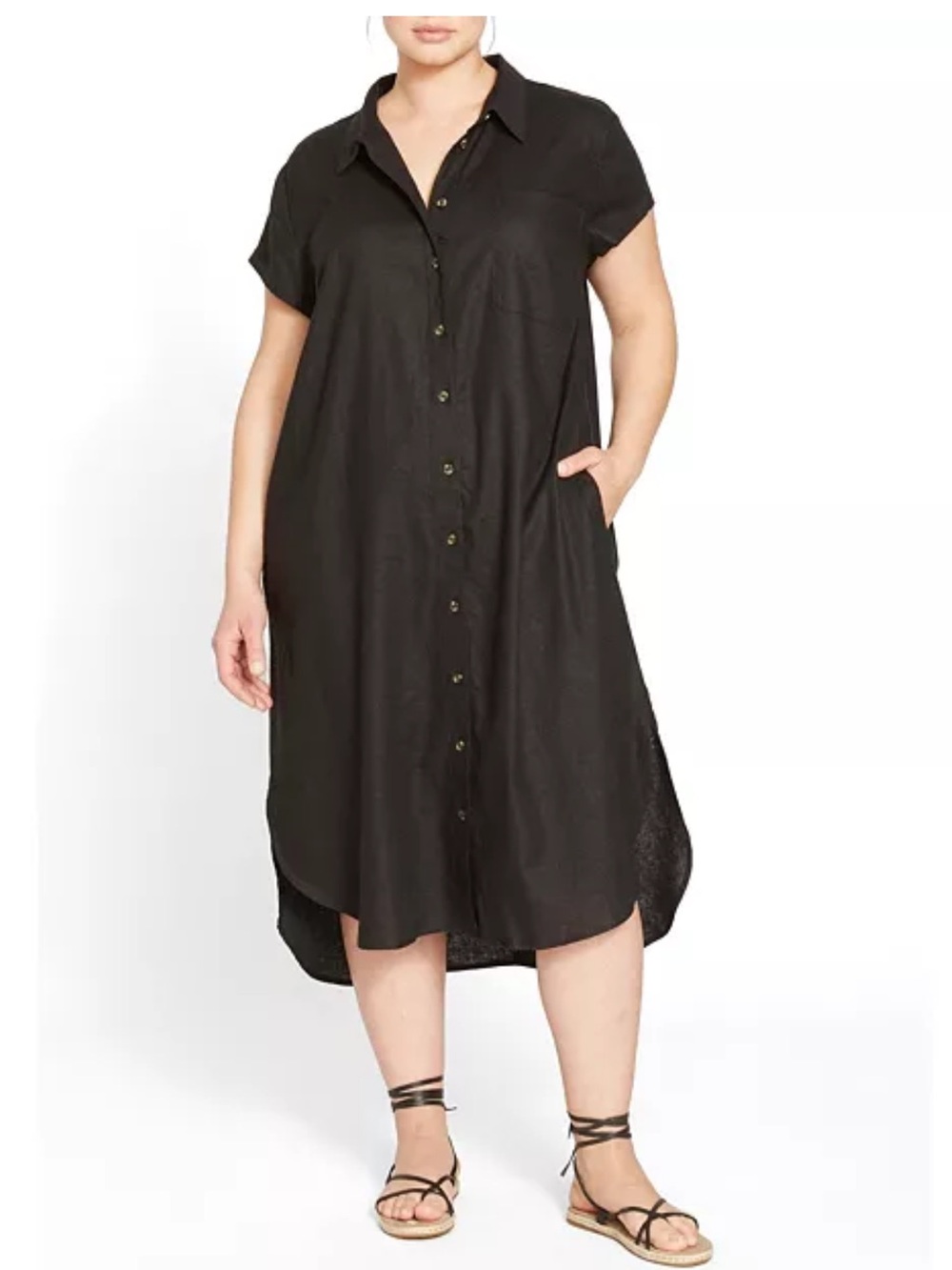 Universal Standard Dune Linen Blend Button Up Black Maxi Shirt Dress, 10-12